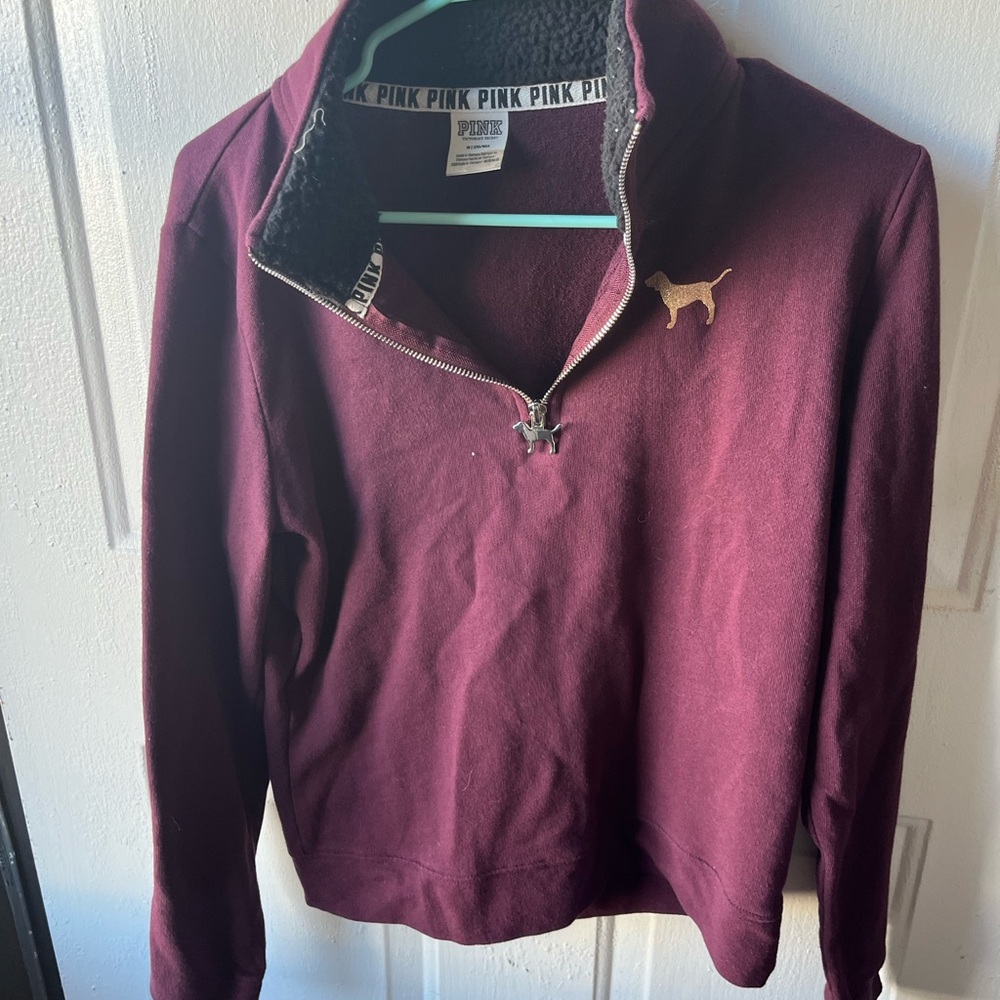 PINK Victoria's Secret Maroon Half-Zip Pullover with Gold Dog Accent